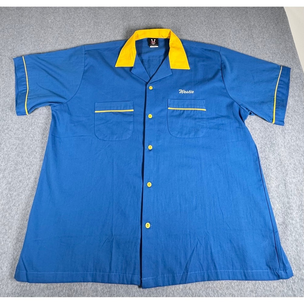 Vintage Bowling Shirt Mens XL Blue Yellow SPAM A RAMA Retro Hilton WESTIE USA